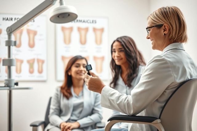 Doctor consulting with two female patients in a dermatology clinic. The scene features a bright, modern interior with posters detailing hair follicles and skin conditions. The doctor, wearing a white coat, uses a handheld device during the consultation. Light, neutral tones dominate the image, conveying a professional and clinical atmosphere.