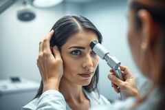 Close-up of a woman undergoing exam in a clinical setting. A healthcare professional uses an ophthalmic instrument on the patient's forehead. The image features a modern, bright, and sterile environment with cool tones, highlighting medical examination and eye care.