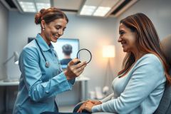 Doctor examining patient's eye with an ophthalmoscope during a medical consultation in a bright, modern clinic. The scene features a friendly doctor in blue scrubs, a smiling patient, and medical equipment. Healthcare, eye exam, and patient care are key themes.