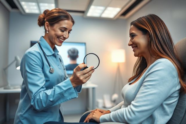 Doctor examining patient's eye with an ophthalmoscope during a medical consultation in a bright, modern clinic. The scene features a friendly doctor in blue scrubs, a smiling patient, and medical equipment. Healthcare, eye exam, and patient care are key themes.