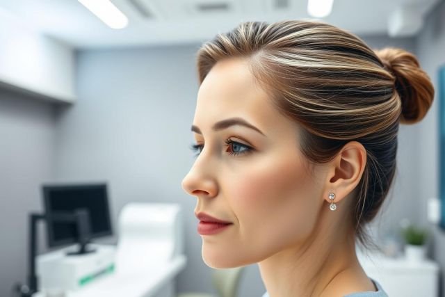 Profile portrait of a beautiful woman with auburn hair in a bun, wearing earrings, in a modern office setting. Soft lighting highlights her features against a gray and white background with a computer monitor visible. Professional, elegant, and focused appearance.