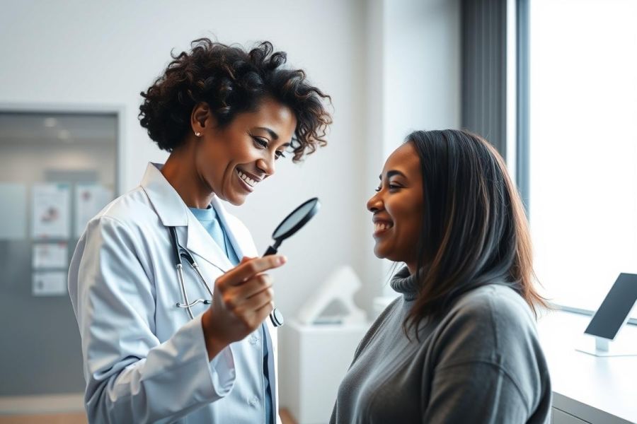 Doctor examining a patient's skin with a magnifying glass in a bright, modern medical office. Two smiling Black women in a healthcare setting. Focus on dermatology and skin health. Neutral color palette with white walls and gray clothing.