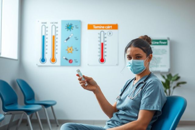 The image features a female medical professional, possibly a nurse or doctor, sitting in an examination room. She is wearing standard hospital attire and. Her expression suggests concentration on the task at hand.