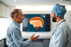 Two medical professionals discuss a brain scan in a clinic setting. One is a doctor, the other appears to be a technician, reviewing diagnostic imagery.