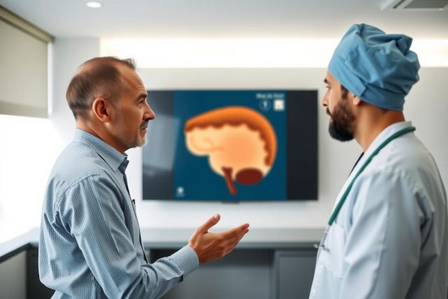 Two medical professionals discuss a brain scan in a clinic setting. One is a doctor, the other appears to be a technician, reviewing diagnostic imagery.