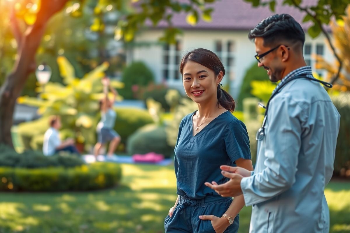 In the image, there is a man and a woman standing in what appears to be a park setting. The woman is wearing a light blue dress with a high neckline and her hair is tied back. She seems to be engaged in a conversation with the man who is dressed in a dark jacket and glasses.

