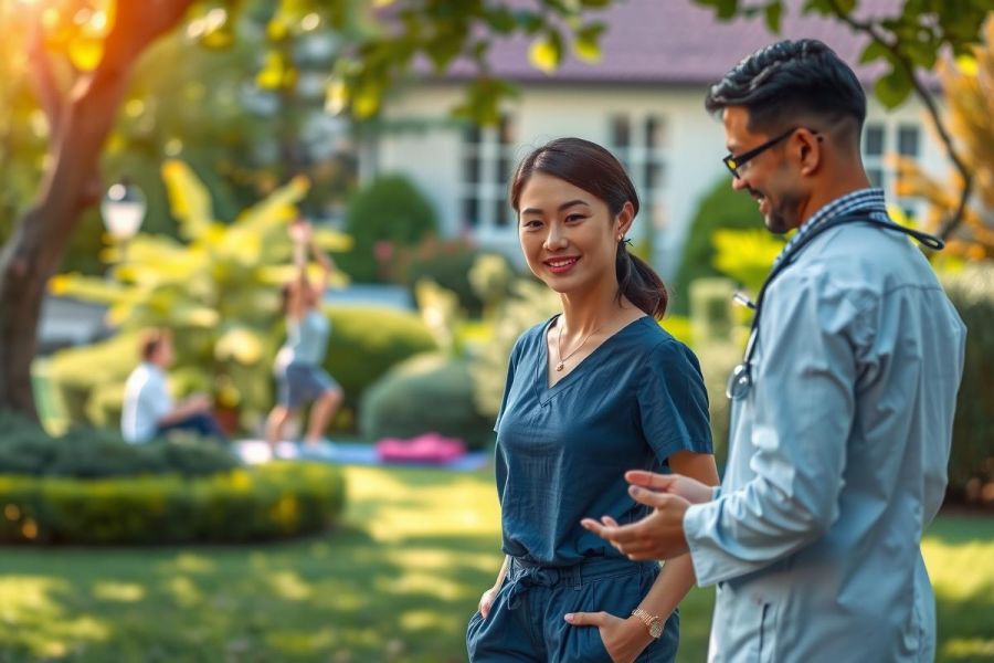 In the image, there is a man and a woman standing in what appears to be a park setting. The woman is wearing a light blue dress with a high neckline and her hair is tied back. She seems to be engaged in a conversation with the man who is dressed in a dark jacket and glasses.
