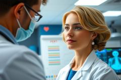 The image portrays a medical setting with two individuals, one wearing medical scrubs and the other in professional attire. The person in scrubs is seated at a computer terminal displaying images of body parts such as an x-ray and a heart symbol, which suggests a discussion about health or diagnosis. The standing individual appears to be engaged in conversation, possibly discussing patient data or medical findings.