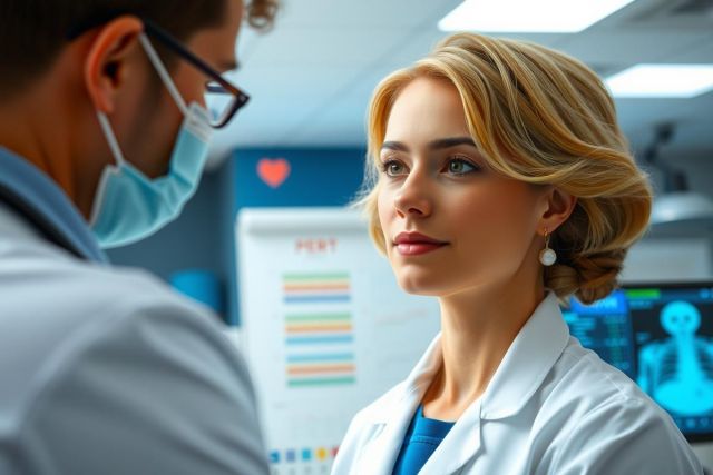 The image portrays a medical setting with two individuals, one wearing medical scrubs and the other in professional attire. The person in scrubs is seated at a computer terminal displaying images of body parts such as an x-ray and a heart symbol, which suggests a discussion about health or diagnosis. The standing individual appears to be engaged in conversation, possibly discussing patient data or medical findings.