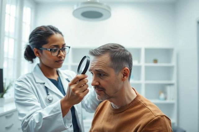 A female doctor examines a patient's face with a magnifying glass in a bright, modern medical office. The scene depicts a dermatology consultation, showcasing healthcare professionals and skin health. The image features warm tones and a focus on detailed examination.