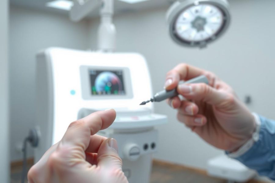 Dental procedure in progress. Close-up of a dentist's hands holding a drill in a modern dental office. Focus on precision and clinical environment. White and blue tones dominate the scene.
