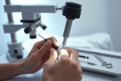 Close-up of hands using a precision instrument, likely for microsurgery or lab work. A sterile environment with tools and equipment is visible. Focus is on detail and accuracy.
