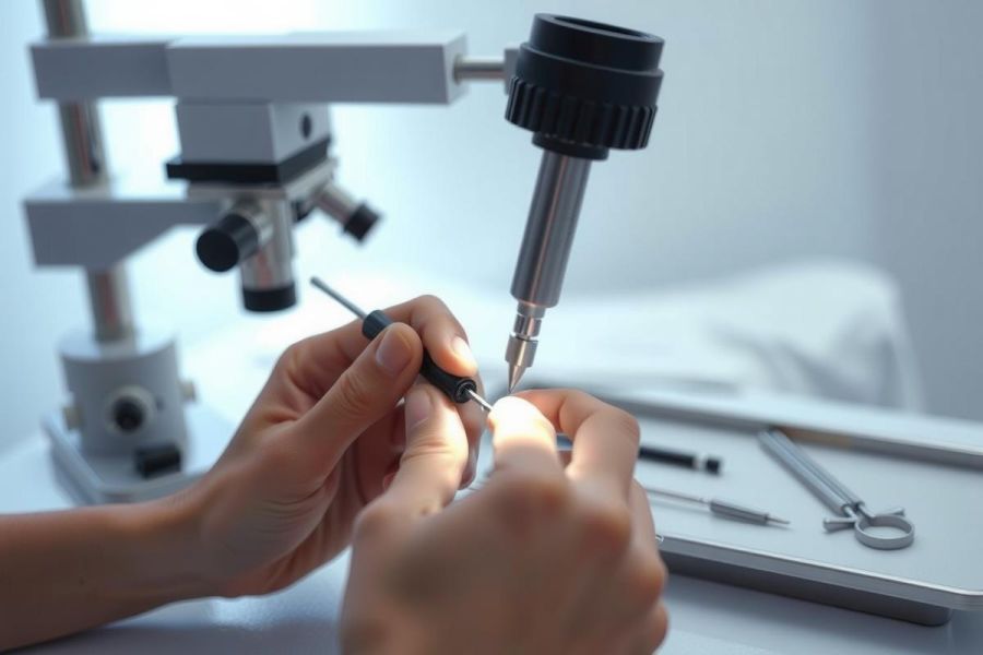 Close-up of hands using a precision instrument, likely for microsurgery or lab work. A sterile environment with tools and equipment is visible. Focus is on detail and accuracy.