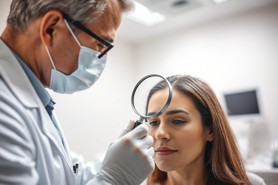 Dermatologist examining a patient's skin with a magnifying glass in a clinical setting. Focus on facial skin analysis, medical consultation, and skincare assessment. Doctor in white coat, protective mask, and gloves. Professional healthcare image.