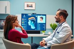 Doctor consults with a patient in a modern office setting. The scene features a male doctor in a white coat and a female patient. Warm colors and a professional environment highlight the medical consultation.