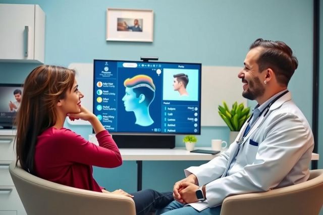 Doctor consults with a patient in a modern office setting. The scene features a male doctor in a white coat and a female patient. Warm colors and a professional environment highlight the medical consultation.