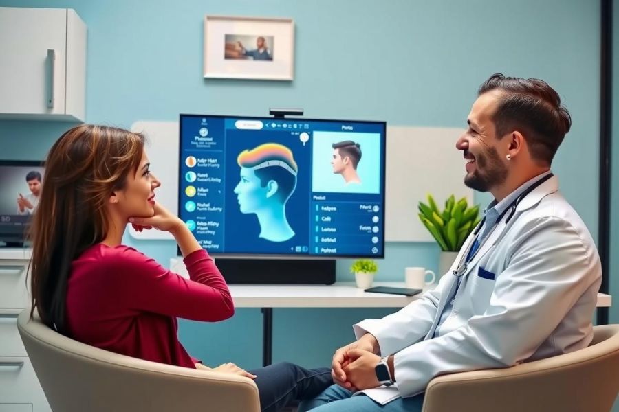 Doctor consults with a patient in a modern office setting. The scene features a male doctor in a white coat and a female patient. Warm colors and a professional environment highlight the medical consultation.