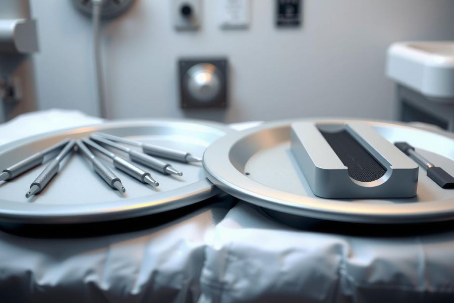 Surgical instruments on a stainless steel tray in an operating room. Close-up view showcasing sterile tools for medical procedures. Healthcare setting, grey and silver tones, clean and precise environment.