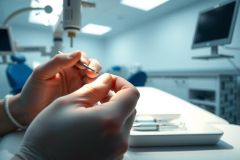 Close-up of gloved hands holding surgical instruments in an operating room. Sterile environment with medical equipment and a surgical tray visible. Bright lighting, predominantly white and blue tones.