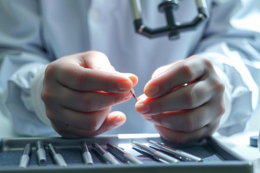 Close-up of a surgeon's hands holding surgical instruments over a tray. Sterile environment, likely an operating room, focusing on precision and medical tools.