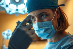 Surgeon in operating room, wearing mask and gloves, focused on procedure under bright surgical lights. Healthcare professional in a sterile environment.