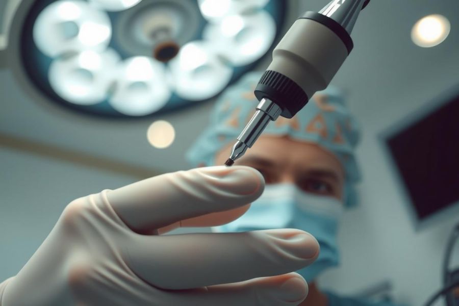 Close-up of a surgical hand holding a screwdriver in an operating room.  A medical professional in scrubs and mask is visible in the background. Focus on sterile environment and precision.