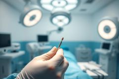Surgical scene: A gloved hand holds a surgical instrument in an operating room. Bright, sterile lighting illuminates the blue-toned environment with medical equipment visible in the background. Focus is on the instrument, suggesting a surgical procedure.