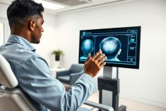 Man in a modern clinic examining a digital scan of a scalp, likely related to hair loss treatment or hair transplant. Blue and white tones dominate the scene, highlighting the medical technology and professional setting. Focus on hair analysis and medical consultation.
