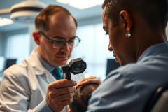 Doctor examining a patient's skin with a dermatoscope in a medical setting. Focus on dermatology, skin health, and medical diagnosis. Professional healthcare scene.