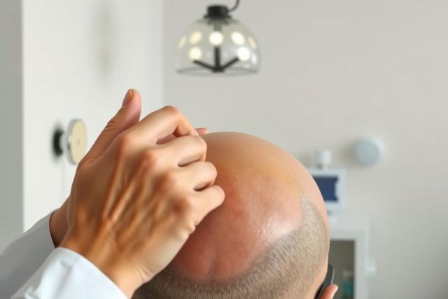 Close-up of a bald head with a hand gently touching it. The background features a bright, modern interior with a lamp visible. Focus on skin texture and a clean, minimalist aesthetic.