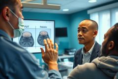 Doctor discussing medical scan results with a patient in a brightly lit clinic. The scene focuses on healthcare consultation and diagnosis.