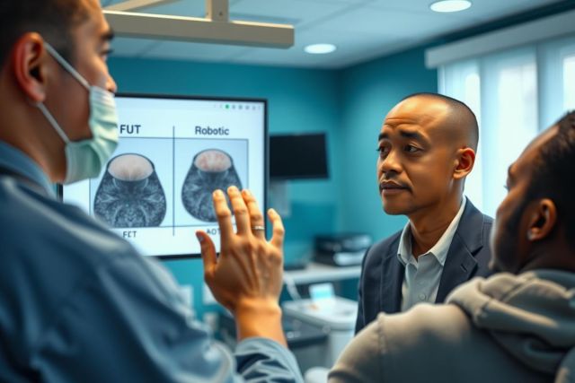 Doctor discussing medical scan results with a patient in a brightly lit clinic. The scene focuses on healthcare consultation and diagnosis.