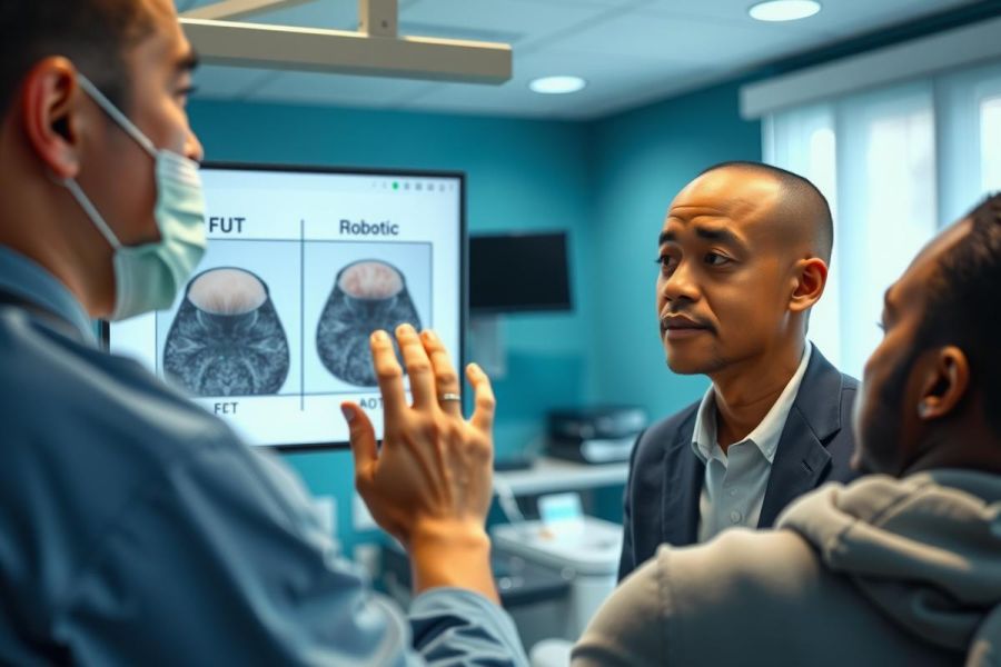 Doctor discussing medical scan results with a patient in a brightly lit clinic. The scene focuses on healthcare consultation and diagnosis.