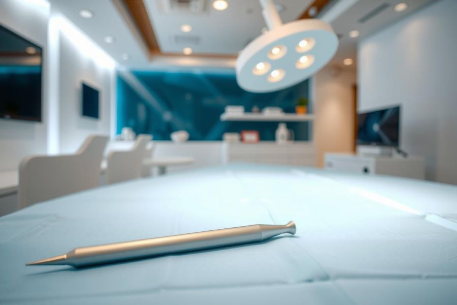 Operating room setting with surgical instruments, blue drape, and medical equipment. Focus on sterile environment and healthcare context. #operatingroom #surgery #medical