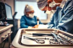 Surgical instruments in a tray, with a blurred medical professional in the background. Close-up view of sterile tools in a healthcare setting, suggesting a surgical procedure.