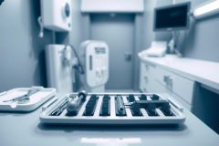 Surgical instruments on a metal tray in a sterile medical environment. Close-up view of the tools, highlighting their precision and the clinical setting.