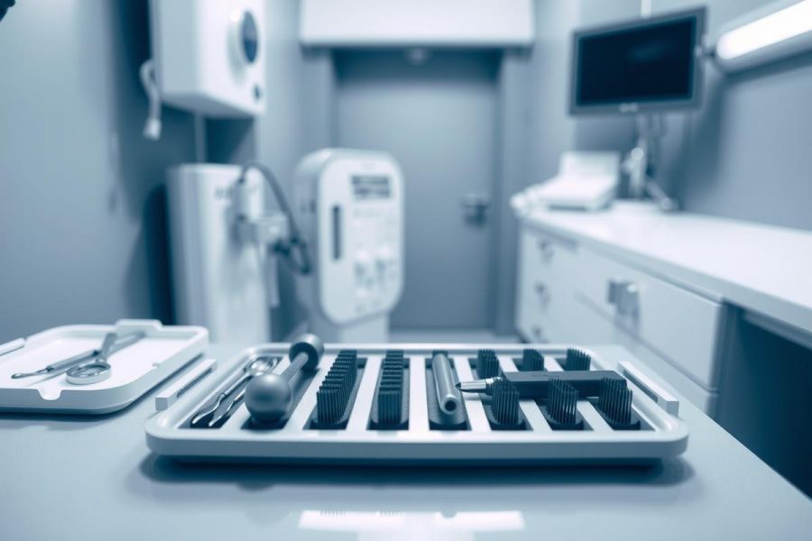 Surgical instruments on a metal tray in a sterile medical environment. Close-up view of the tools, highlighting their precision and the clinical setting.
