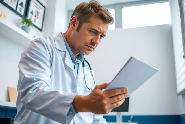 A male doctor in a white coat examines a document or tablet, likely in a medical office setting. The scene suggests analysis or review within a healthcare context.