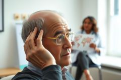 Man in glasses appears thoughtful, sitting with a woman presenting a world map. Business meeting, professional setting, indoor shot with natural light.