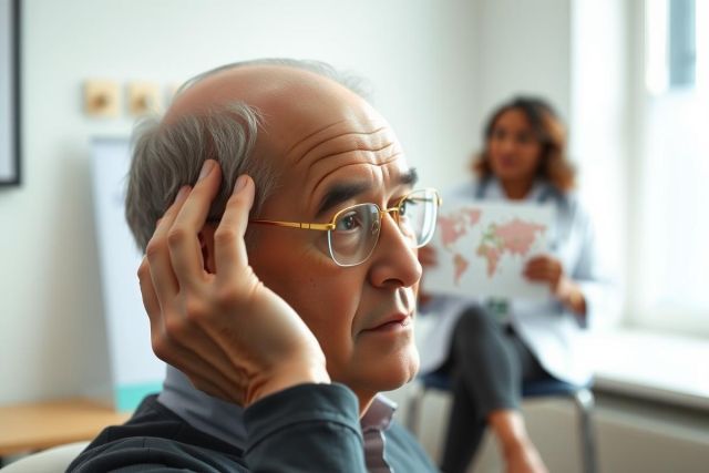 Man in glasses appears thoughtful, sitting with a woman presenting a world map. Business meeting, professional setting, indoor shot with natural light.