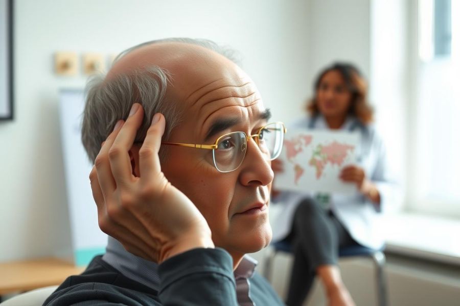 Man in glasses appears thoughtful, sitting with a woman presenting a world map. Business meeting, professional setting, indoor shot with natural light.