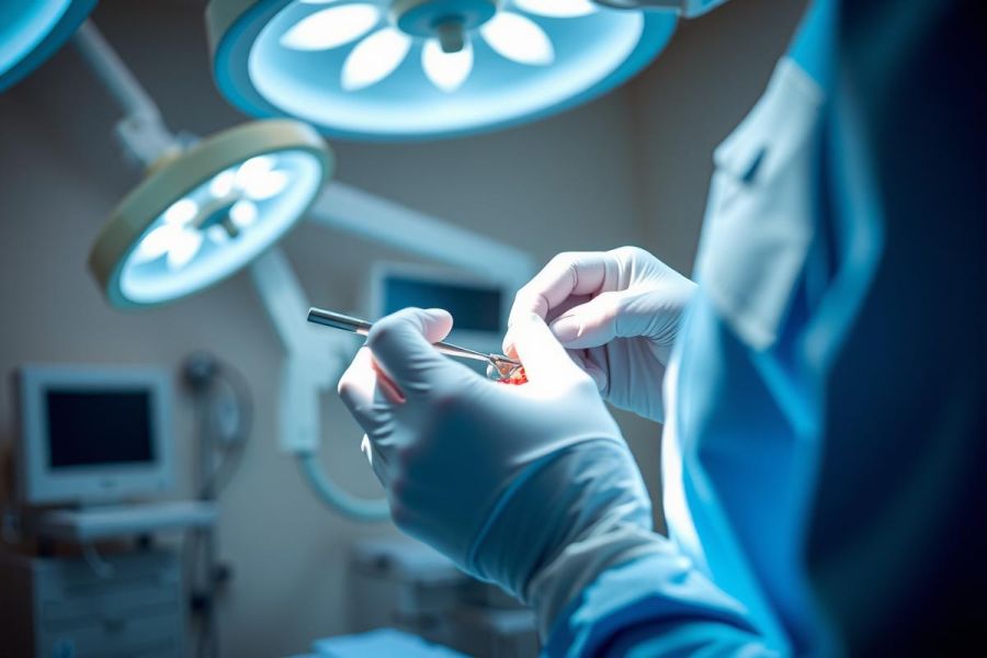 Surgeon performing surgery with surgical instruments in an operating room. Focus on gloved hands and medical equipment. Sterile environment, bright lights, blue and white color scheme. Healthcare, medical procedure.
