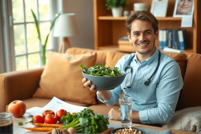 A man is seated at a wooden dining table, holding a bowl of fresh salad. He's smiling and appears to be enjoying a healthy meal in a brightly lit room with a couch and plants nearby.