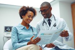 Doctor and patient reviewing medical documents in a clinic. The doctor wears a white coat and stethoscope, while the patient sits comfortably. Warm lighting and a professional setting suggest a healthcare consultation.