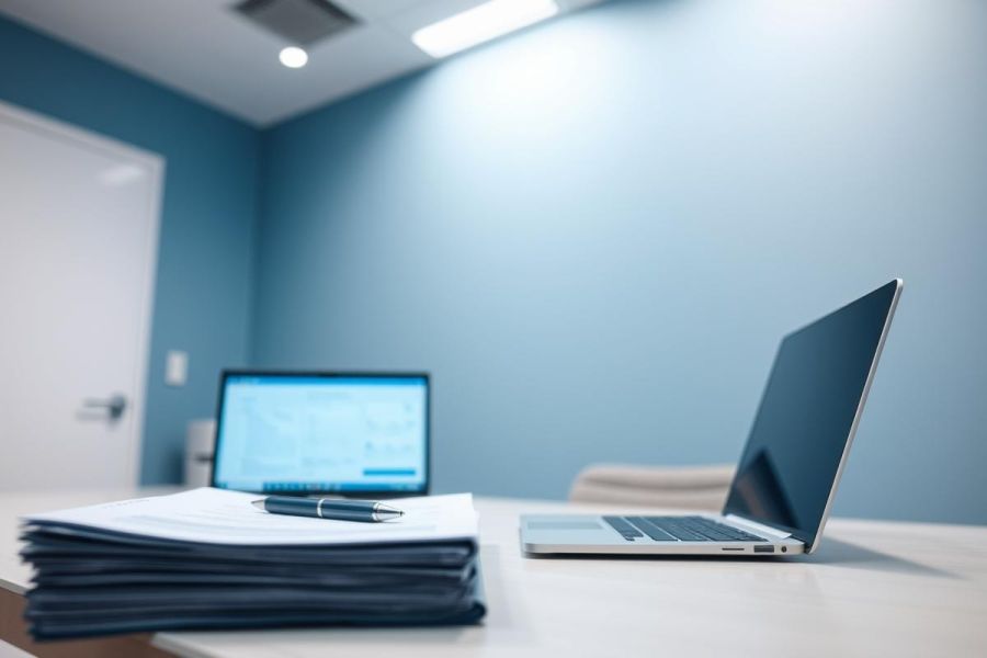 Modern office workspace with a laptop, documents, and a monitor on a white desk. Blue walls and overhead lighting create a professional atmosphere. Focus on productivity and remote work concepts.