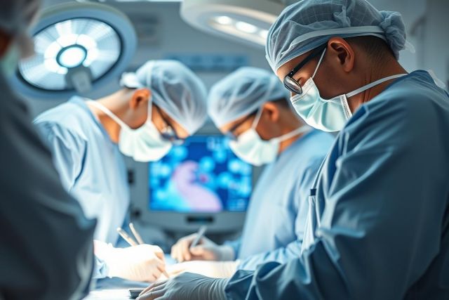 Surgical team in a modern operating room. Doctors wearing surgical caps and masks focus on a procedure with medical equipment and a monitor displaying anatomical imagery. Blue and white color palette, sterile environment, depicting a surgical operation.