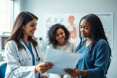 Healthcare professionals reviewing patient records in a modern clinic. A doctor and nurse discuss medical documents with a patient in the background. Focus on medical care, teamwork, and a bright, clean environment.