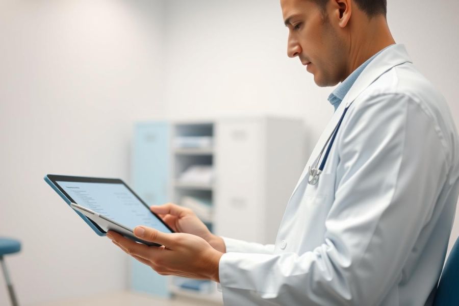Doctor in white coat examining a tablet in a modern medical office. Blue and white color scheme, showcasing healthcare technology and professional medical setting. Focus on digital health and patient care.