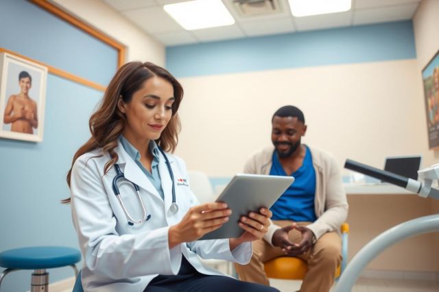 Doctor examining a patient in a bright blue clinic room. The doctor uses a tablet to review medical information. Healthcare, medical consultation, patient care.