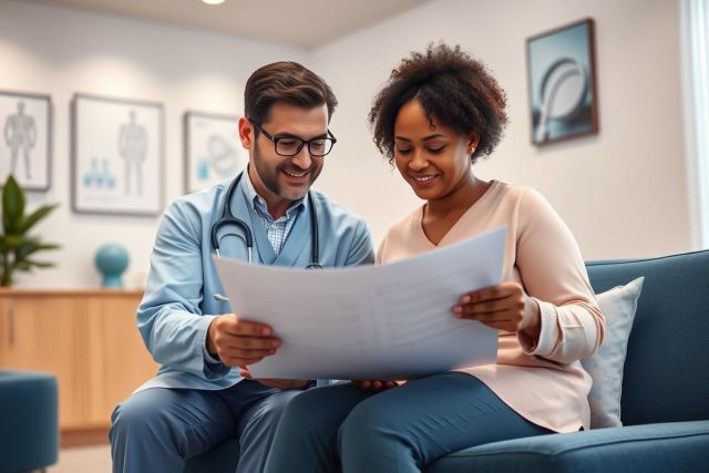 Doctor and patient reviewing medical documents in a bright, modern office setting. The image shows a healthcare consultation, featuring a smiling doctor in blue scrubs and a patient with a cast, suggesting recovery or treatment. Warm tones and a friendly atmosphere convey trust and care.